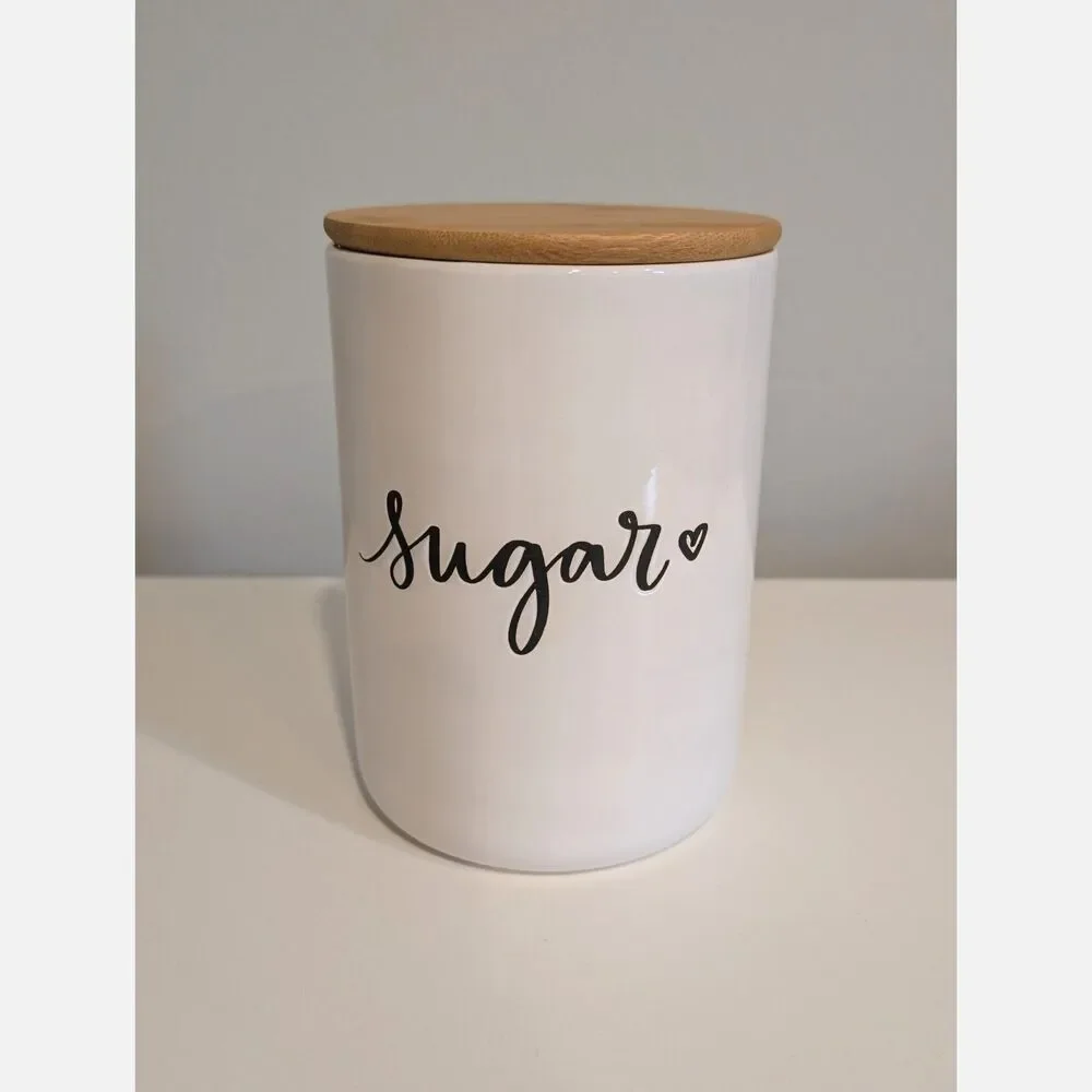 Modern Farmhouse Ceramic Sugar Jar Canister Cursive & Heart